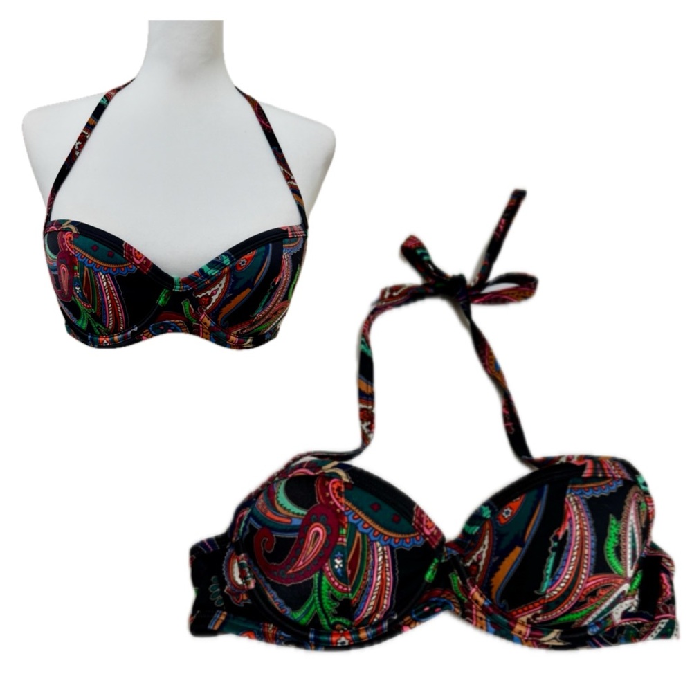 Victoria’s Secret paisley black multicolor halter bikini top size 34A underwire